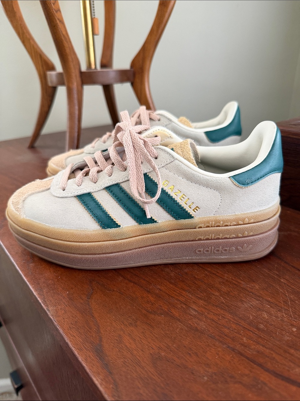 adidas Gazelle Women's Cream Suede Sneakers with Green Stripes and Tan Laces - Picture 4 of 5